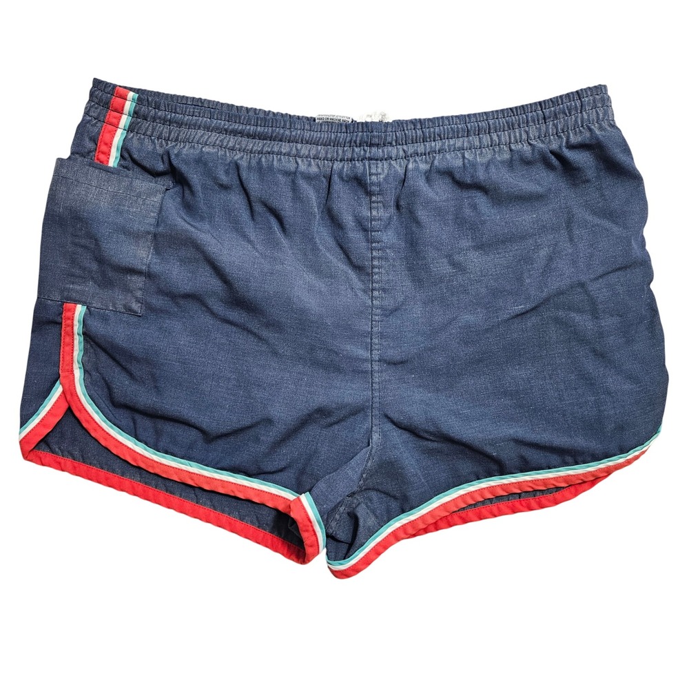 Catalina Swim Trunks 32 Navy Blue Vintage 80s Dolphin Hem Striped Trim